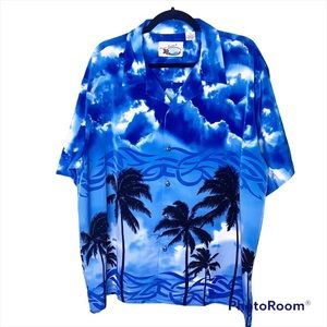 Ocean Current Blue Tribal Tattoo Hawaiian Button Down Shirt Size Large